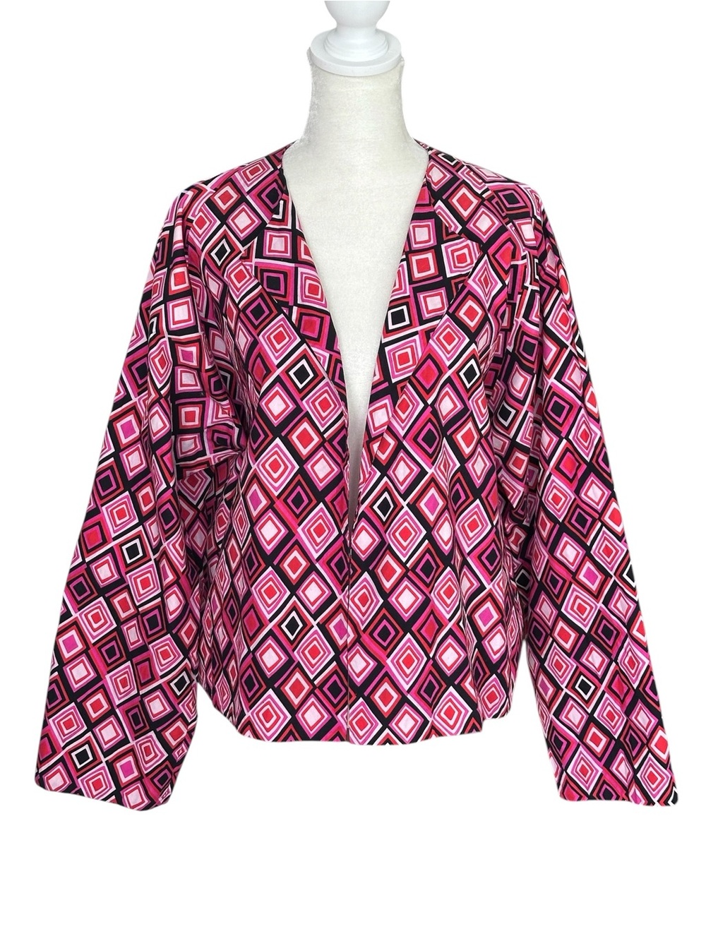 Shamask Women's Pink Red Geo Diamond Print Cotton Open Front Jacket Size 1 = 6/8